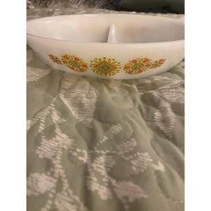 Vintage Glassbake 1970s Divided Dish Orange, Avocado, Green Starburst Design